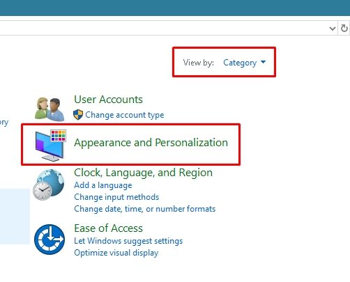 Click Appearance and Personalization in Control panel settings