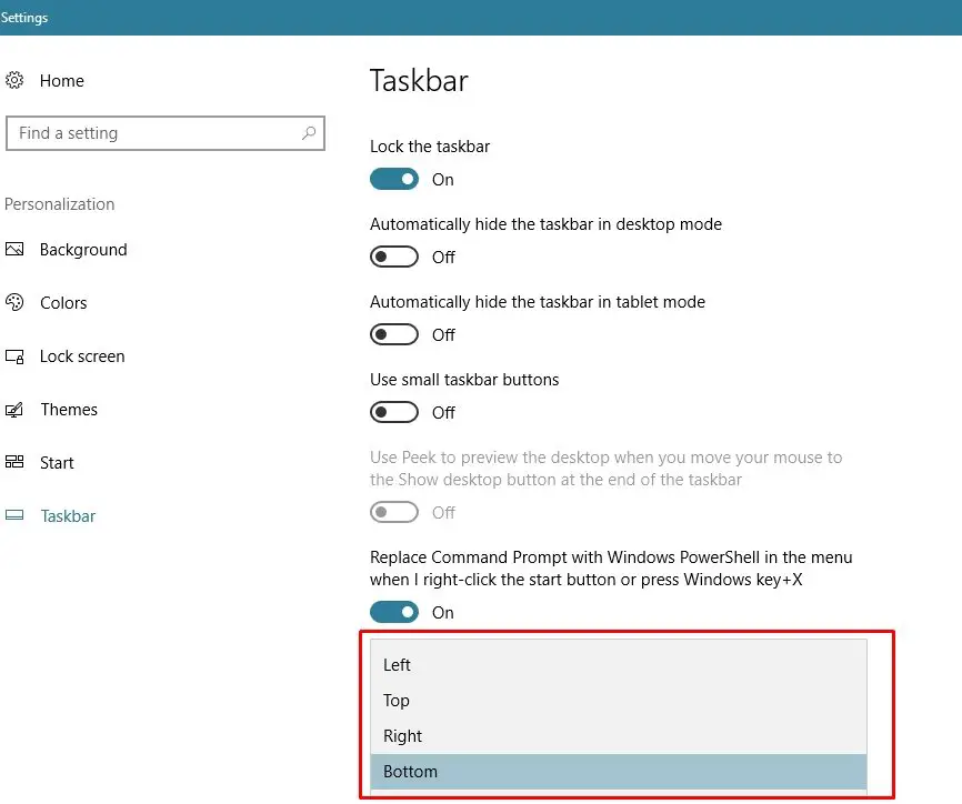 Select the option to change location of Taskbar in Dropdown menu