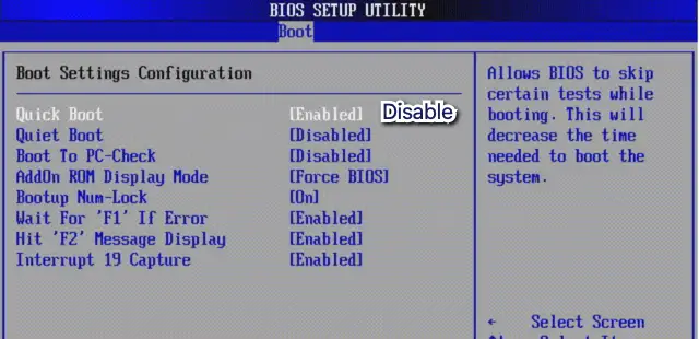 Disabling Fastboot in BIOS