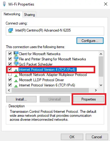 IPv4 settings of Network Adapter