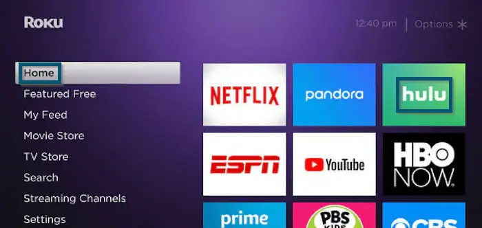 Selecting the ‘Hulu’ app inside the ‘Home’ tab to see why hulu is not working on roku