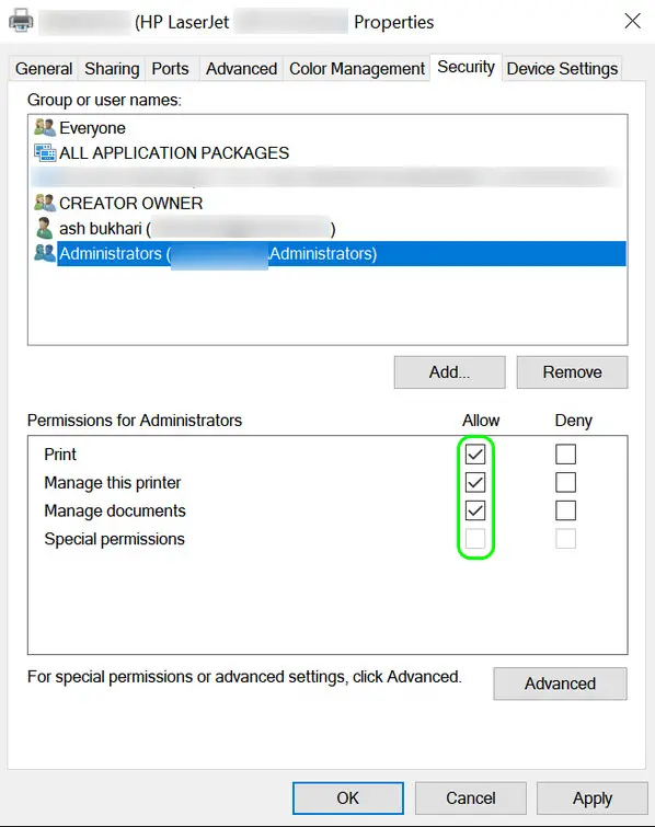 Granting all Permissions to Printer - Windows 10