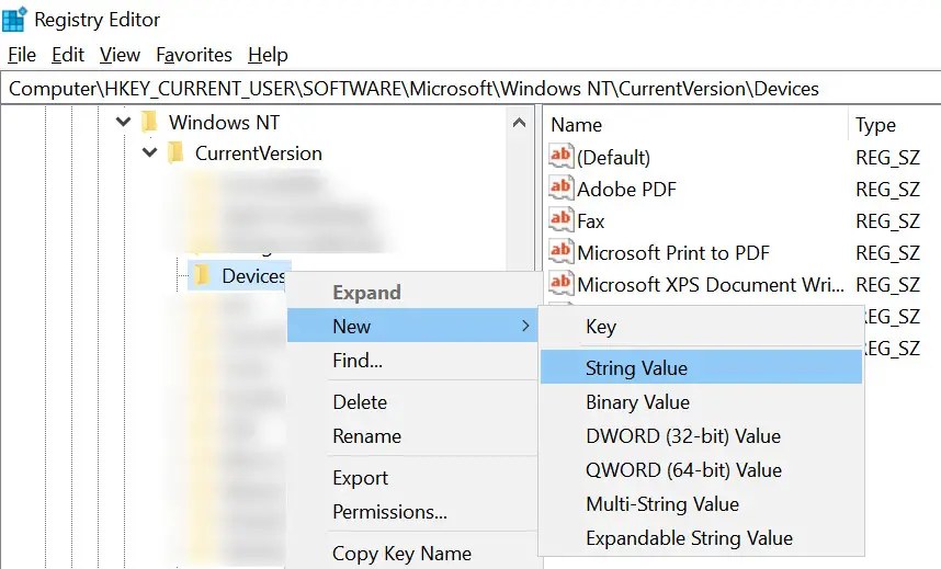 Create a New String Value Under Devices