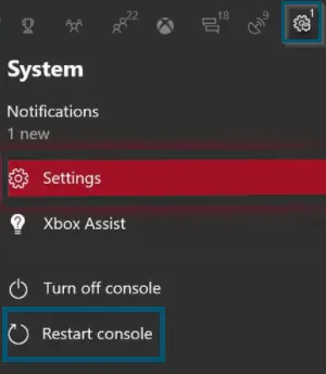 Selecting the 'Restart console' option in the 'System' tab to fix error 0X97E107DF