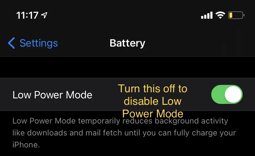 Turning off Low Power Mode - iPhone