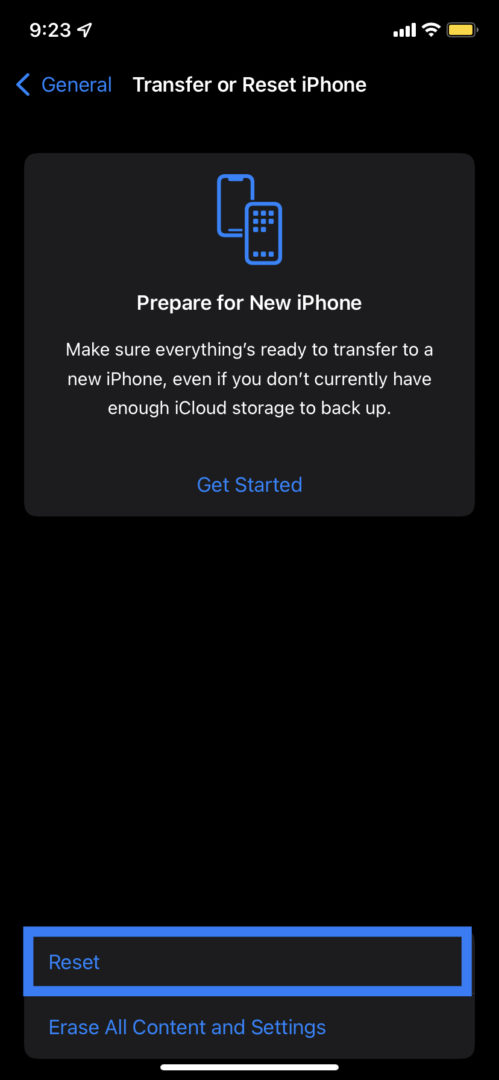 Reset option in iPhone
