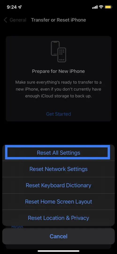 Resetting Settings options - iPhone