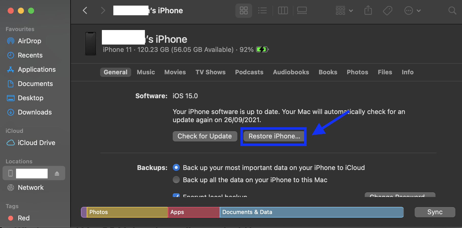 Restore iPhone - Finder settings