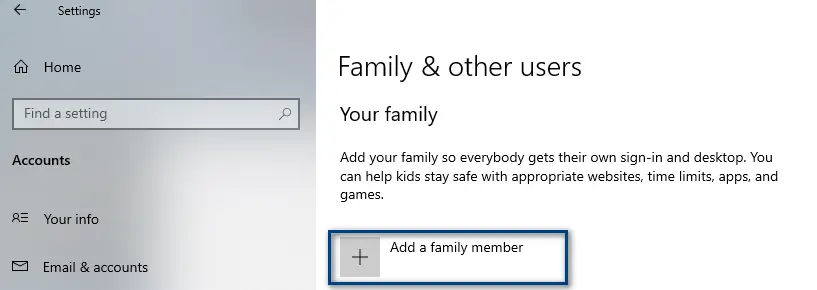 Choosing the 'Add a family member' option inside the 'Family & other users' option