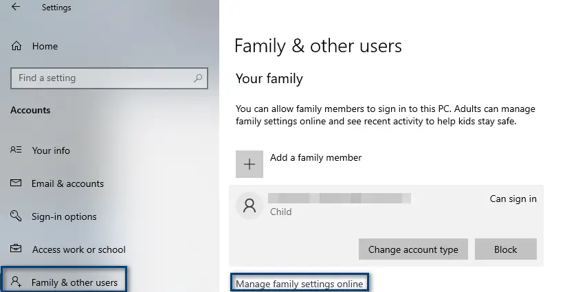 Clicking on the 'Manage family settings online' option