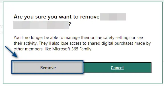Clicking on the 'Remove' button to confirm the removal of the child account