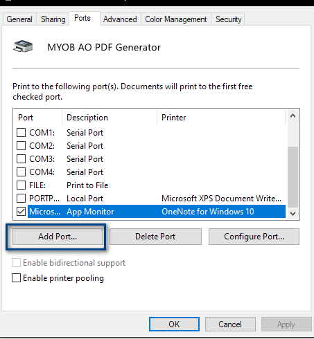 Adding port in Opening MYOB AO PDF Generator 
