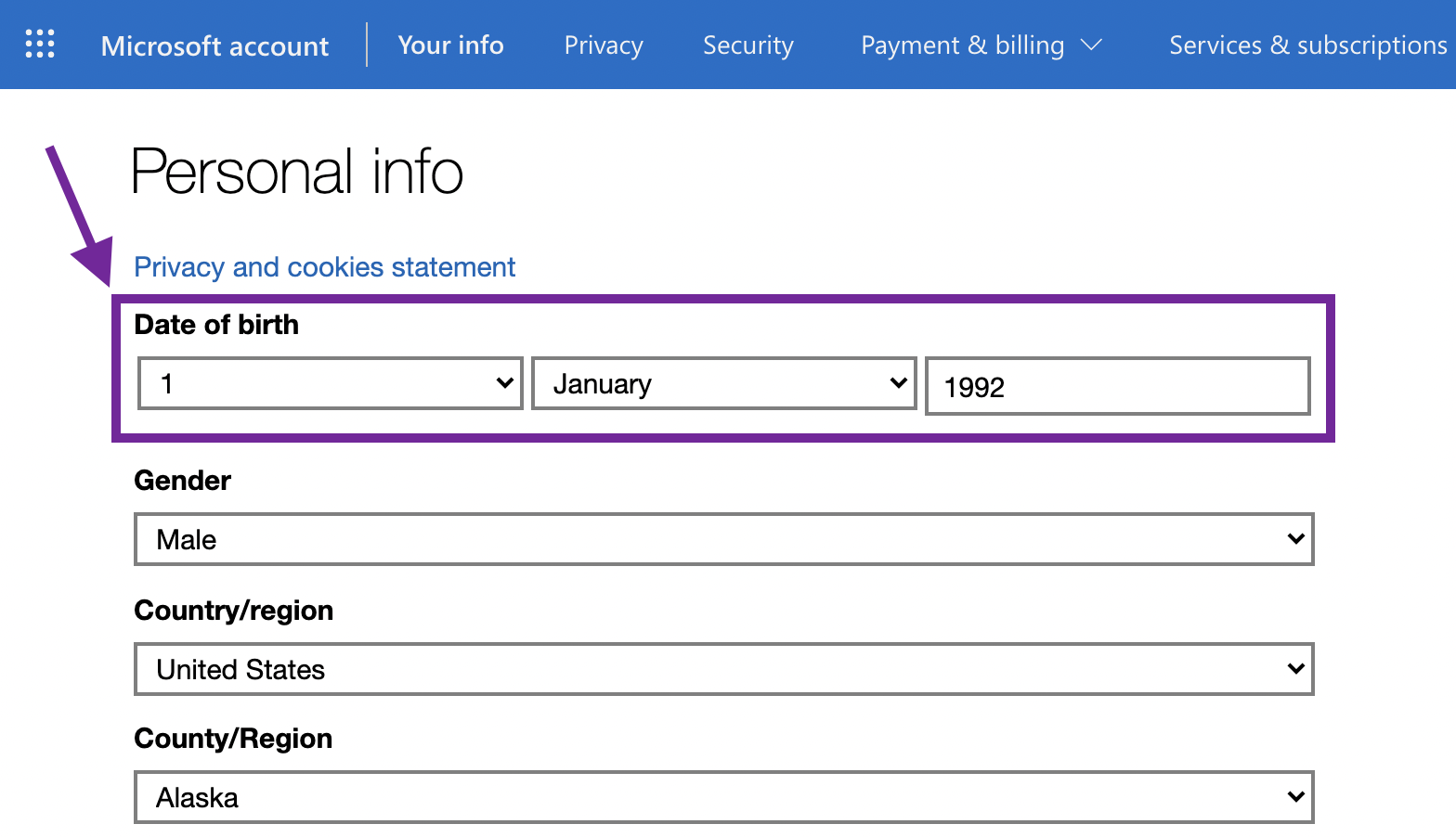 Changing the birthday in the 'Personal info' window
