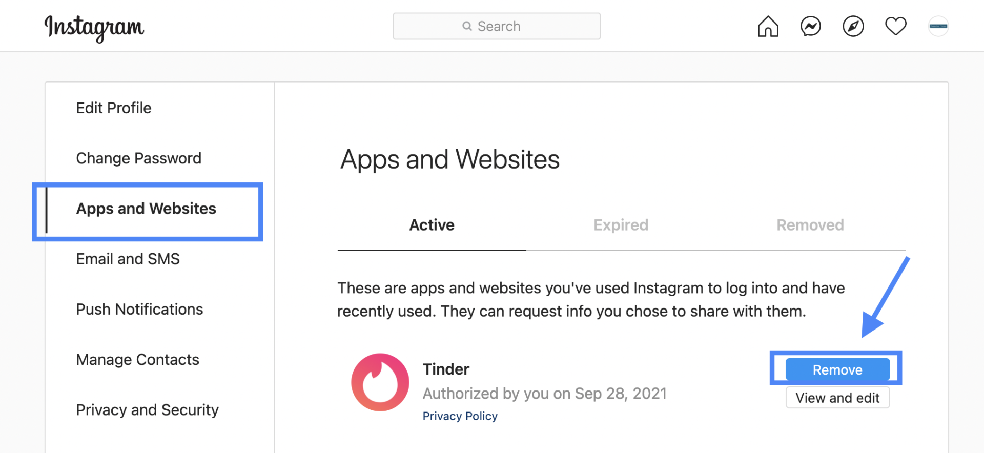 Removing Tinder from IG Apps and Websites