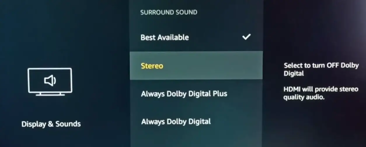 Selecting Stereo in the Audio Settings of Firestick
