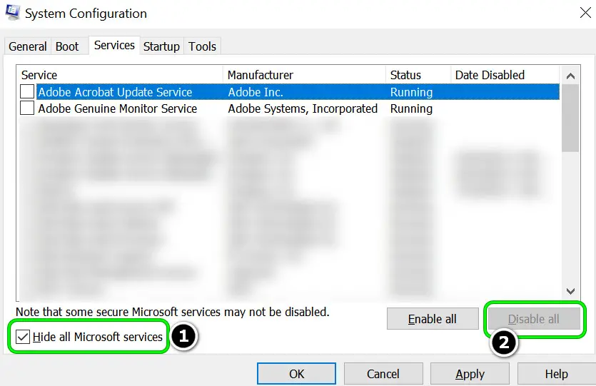 Hide All Microsoft Services, Disable All Other Services, and Open the Startup Tab