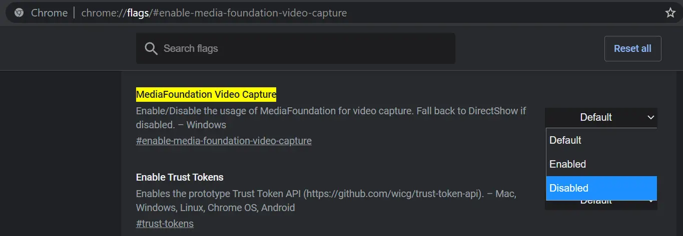 Disable the MediaFoundation Video Capture Flag in Chrome