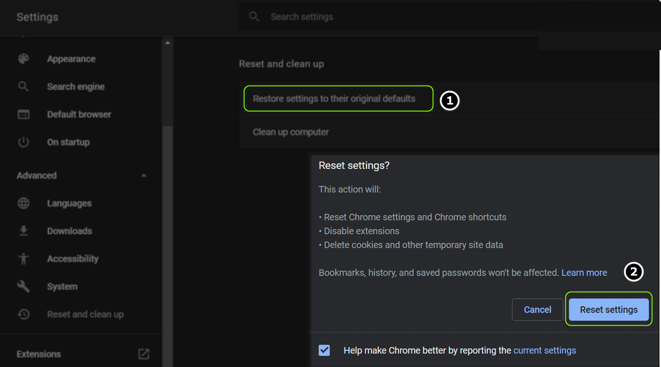 Reset Chrome Settings to Defaults