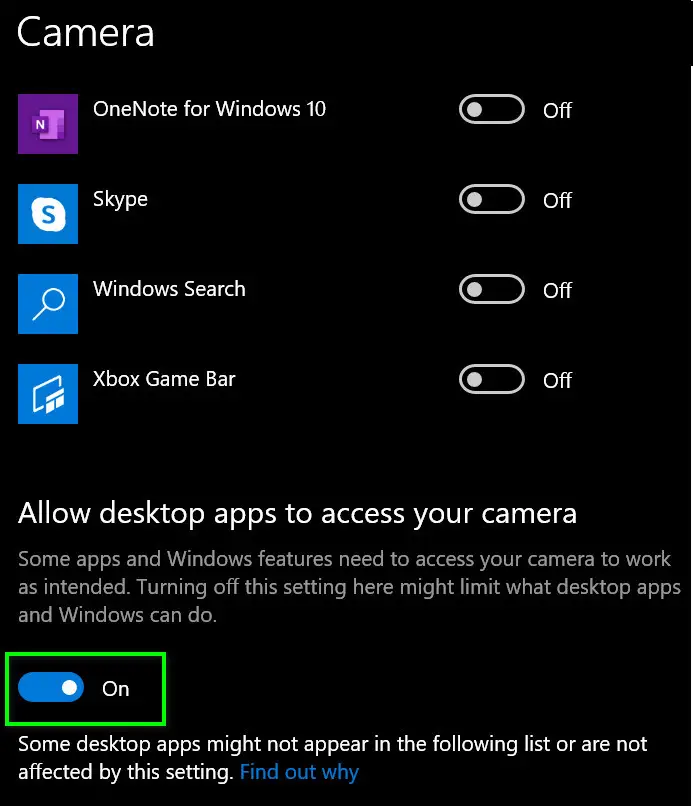 Enable the Settings of Allow Desktop Apps to Access Your Camera 