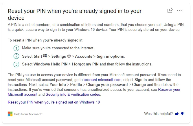 Microsoft's response to reset your PIN