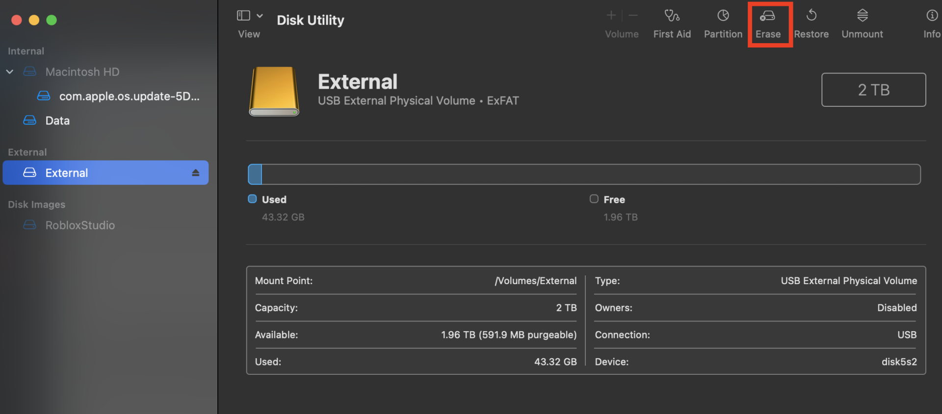 Erasing external drive in Disk Utility - macOS
