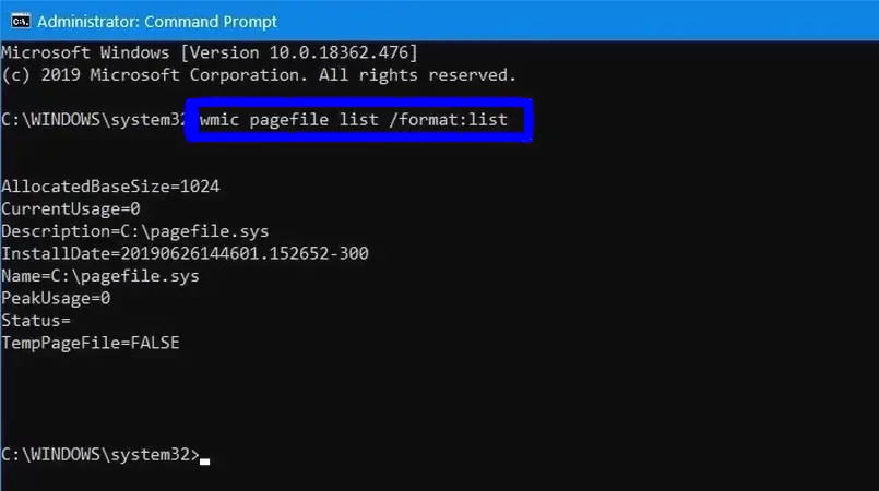 Checking the current details of the Page File from the Command Prompt
