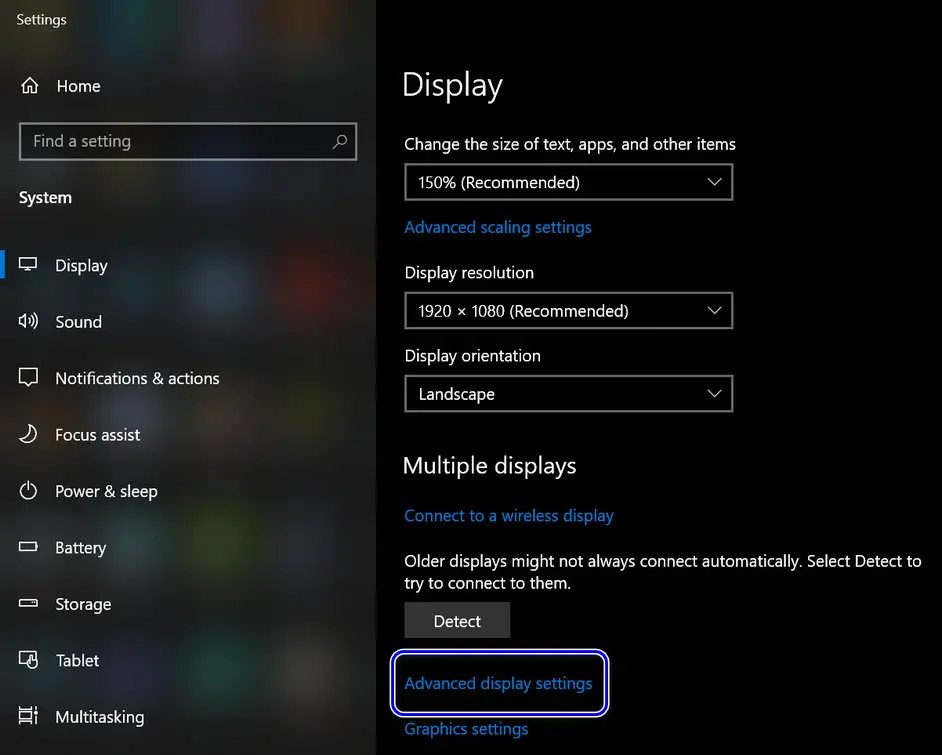 Accessing Advanced Display settings