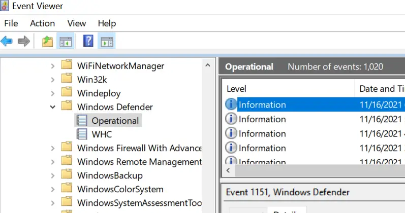 Opening Windows Defender Events in the Event Viewer