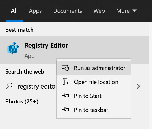 Registry editor as an Administrator