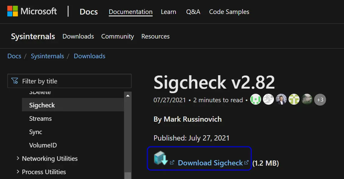 Downloading Sigcheck