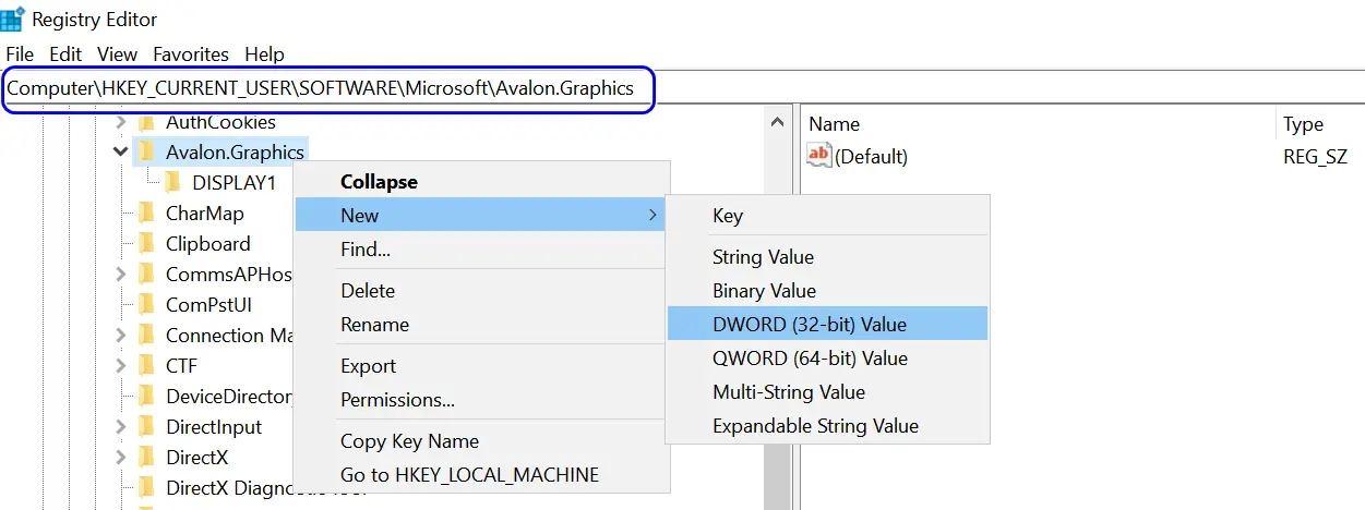 Create a New DWORD (32-bit) Value Under the Avalon Graphics Key