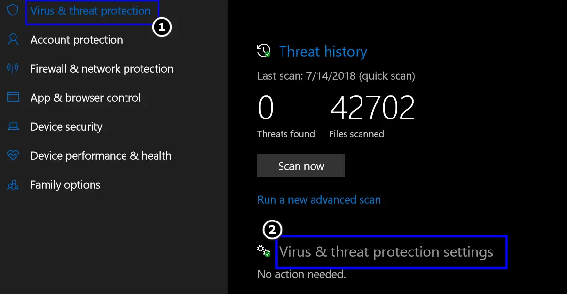 Opening Virus & Threat Protections Settings