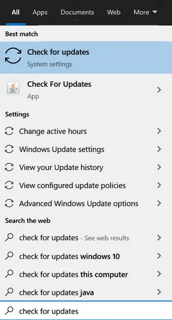 Checking for updates in Windows Settings