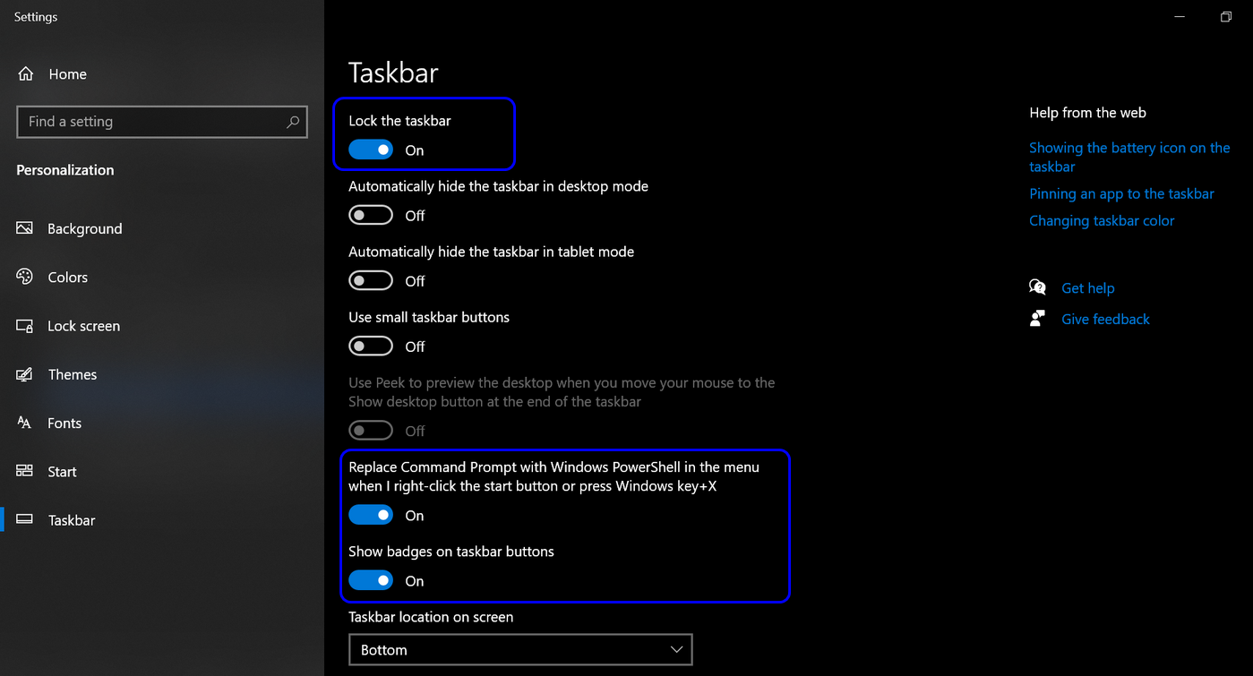 Enabling certain options in Taskbar