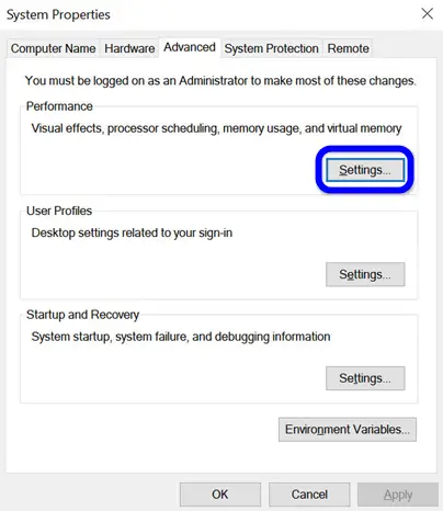 Opening Performance Settings in Advanced System Settings