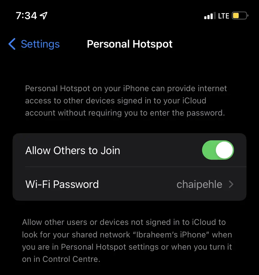 Turning on Personal Hotspot