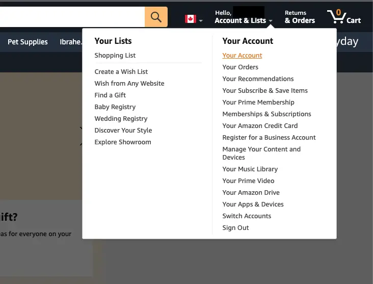 Selecting 'My account' in Amazon