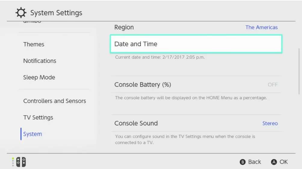 Date & Time settings in Switch