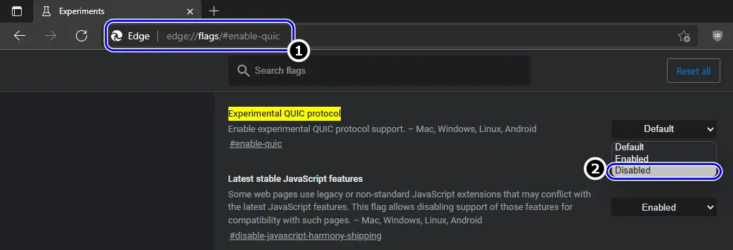 Disable Experimental QUIC Protocol in Edge