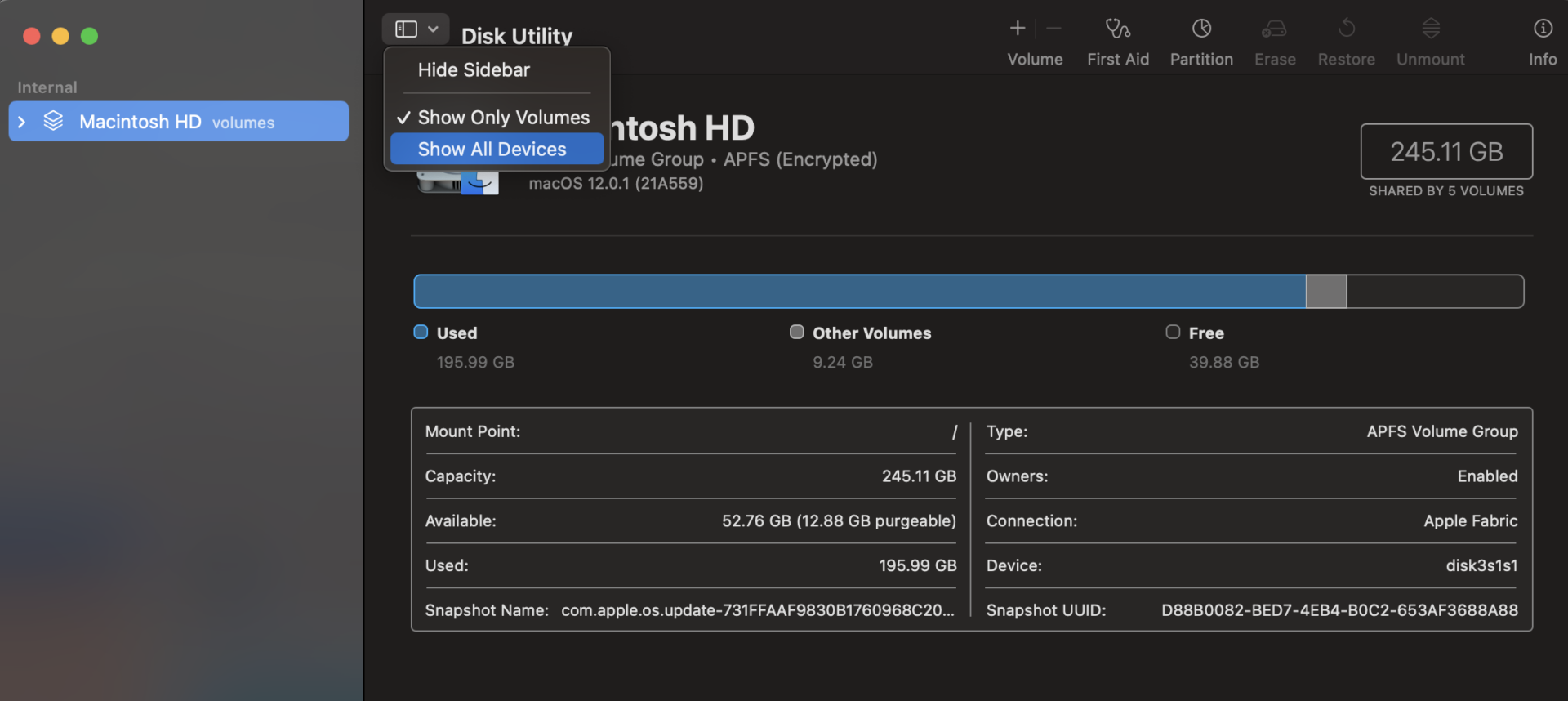 Changing the 'View' type of 'Disk Utility' to 'Show All Devices'