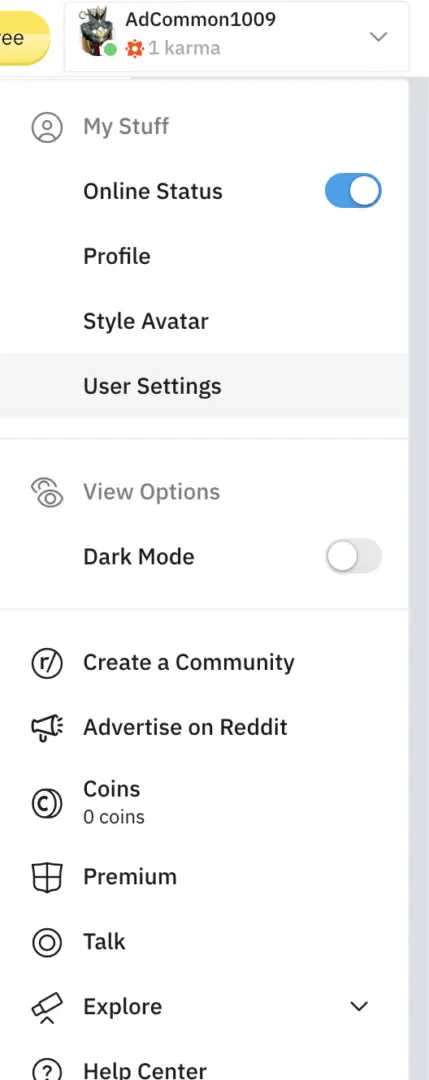 User settings on Reddit's Desktop version
