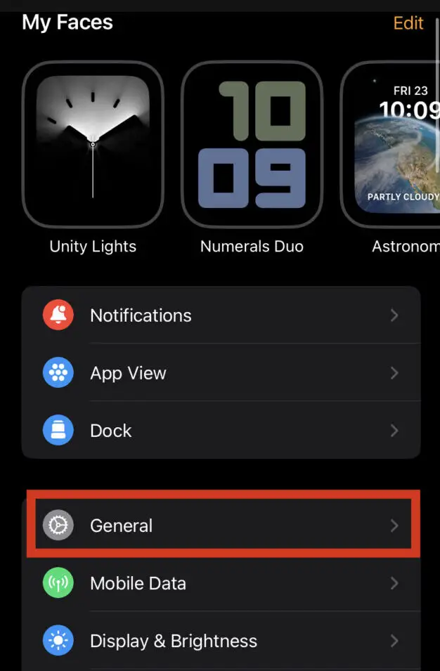 General settings of Apple Watch