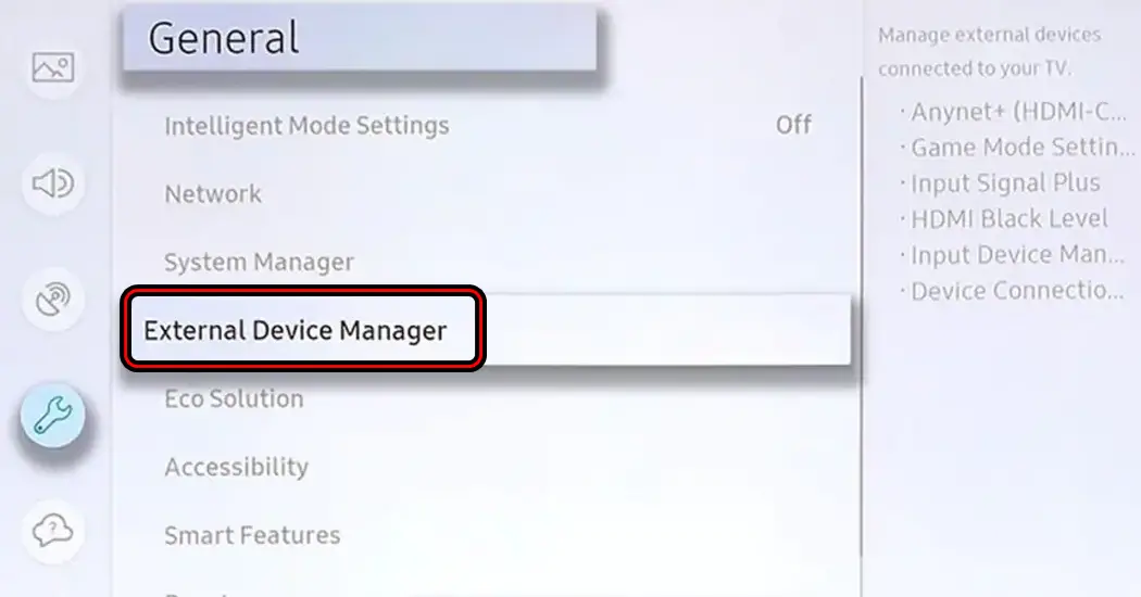Open External Device Manager in the TV Settings