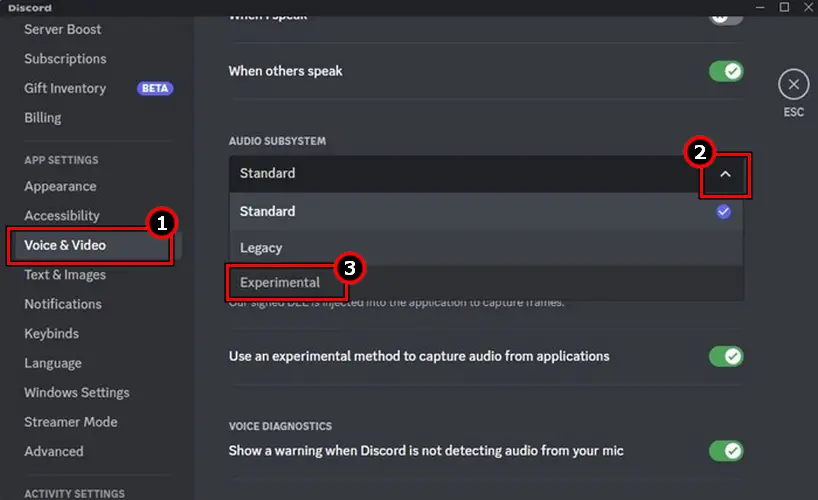 Set the Audio Subsystem of Discord to Experimental