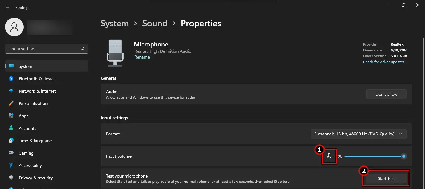Unmute the Microphone in the Sound Settings and Start Test