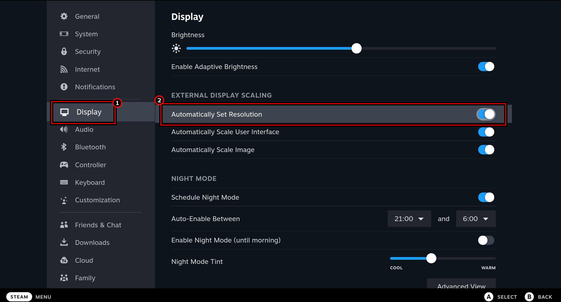 Enable Automatically Set Resolution in the Disaply Settings of the Steam Deck