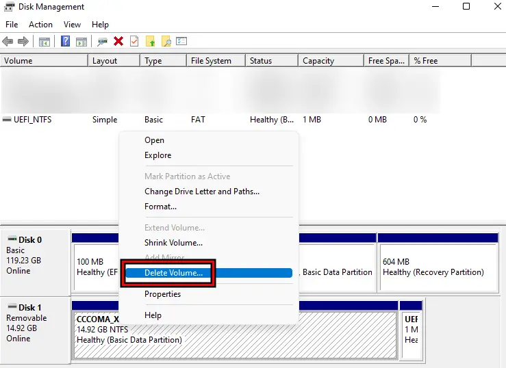 Delete Volume on the SD Card in the Disk Management