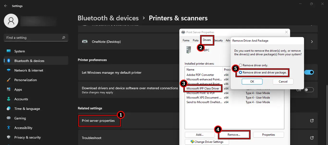 Remove the Printer Driver in the Drivers Tab of Print Server Properties