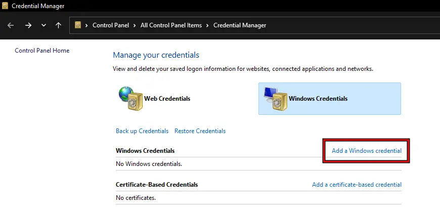 Add a Windows Credential to the Credential Manager