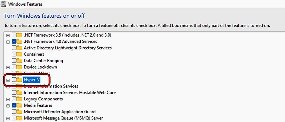 Disable Hyper-V in the Windows Features